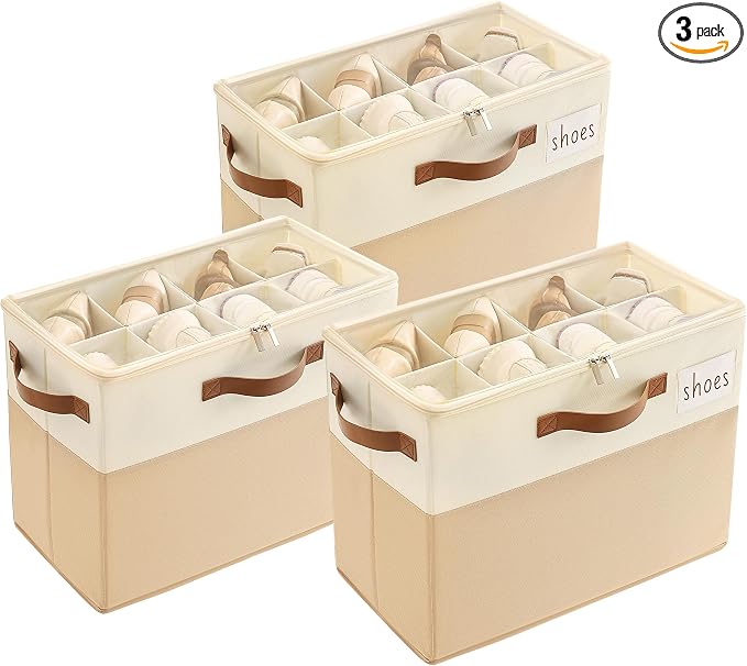 Varhomax Shoe Organizer Box 3 Pack for Closet,Small Fabric Shoe Storage Bin with Adjustable Dividers & Clear Cover, Saving Space Sneakers & Sandals Containers for Entryway, Cubby