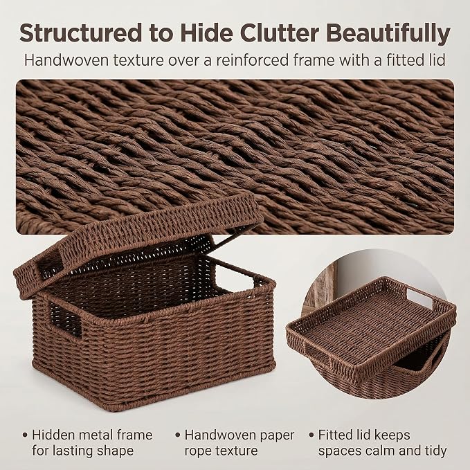 Wicker Storage Basket with Lid - Woven Basket for Storage,Rectangular Decorative Boxes Bins with Lids for Shelves,living room, Nursery, 3 baskets+1 lids(Dark Brown)