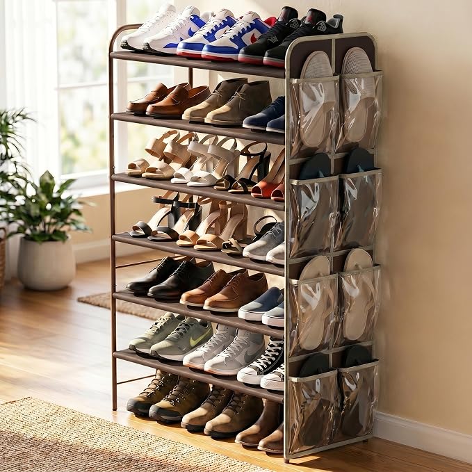 Simple Houseware 6-Tier Shoe Rack Storage Organizer w/Side Hanging Bag, Bronze