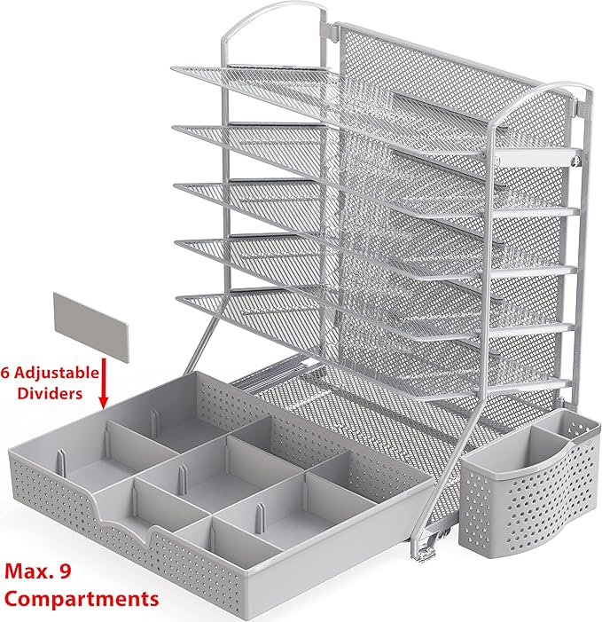 Simple Houseware 6-Tier Desk File Organizer w/Drawer & Pen Holder, Silver | 5 Tilted Letter Trays for A4 Paper, Mail and Documents
