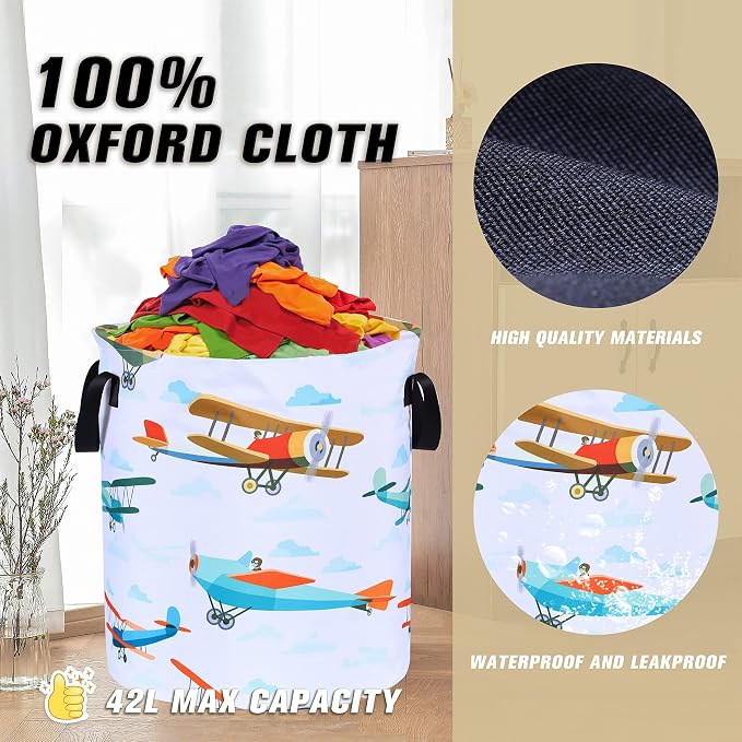 Funny Plane Laundry Basket Foldable Oxford Cloth Tote Bag Laundry Hamper Clothes Storage Bucket Organizer For Bathroom/Laundry Storage/Bedroom Storage Basket 18.9x16.5 Inch