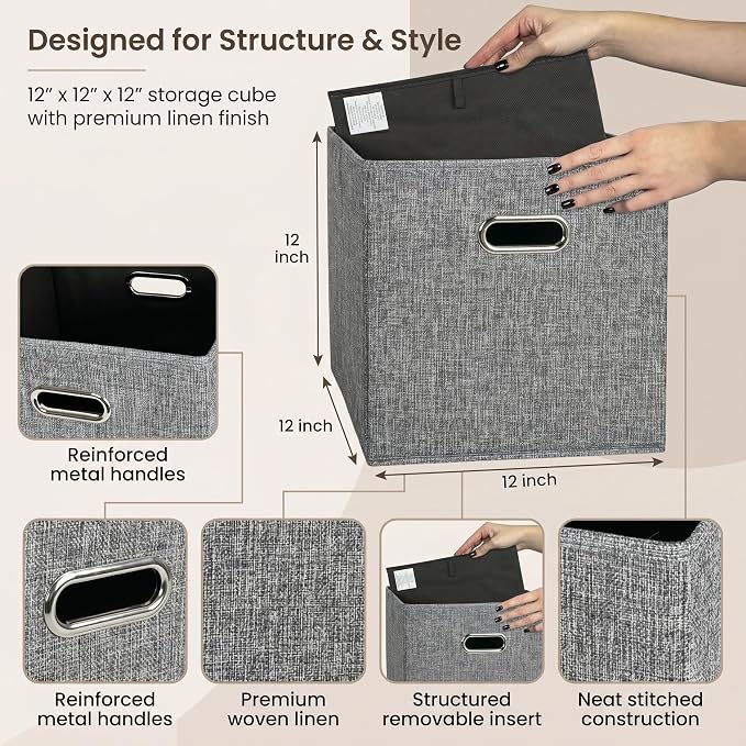 12x12 Gray Fabric Storage Cubes, 4 Pack – Foldable Linen-Look Cube Organizer Bins with Handles, Collapsible Cubby Baskets for Closet, Shelves, Nursery, Dorm Room & Kallax-Style Storage