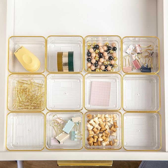 Martha Stewart Kerry Plastic Stackable Office Desk Drawer Organizers, 3" x 3", 12 Pack, with Gold Trim