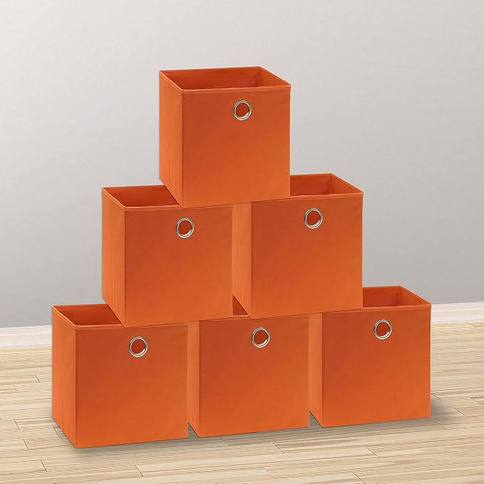 Simple Houseware Foldable Cube Storage Bins with Handles, 11-Inch, Orange, 6-Pack, Fabric Cubes Organizer for Closet or Shelves