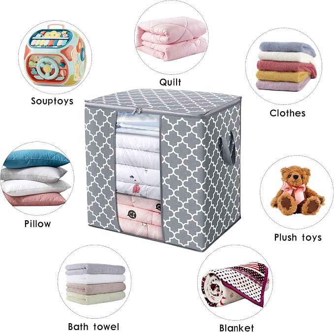 WISELIFE Storage Bags [3 Pack/100L] Large Blanket Clothes Organization and Storage Containers for Comforters,Bedding, Foldable Organizer with Reinforced Handle, Clear Window, Sturdy Zippers,Light Gray