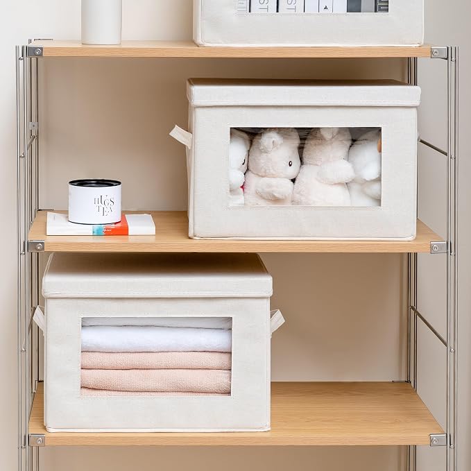 4-Pack 15" Fabric Storage Bins with Lids, Closet Organizers and Storage Boxes with Clear Window, Foldable Clothes Baskets for Blankets, Beige