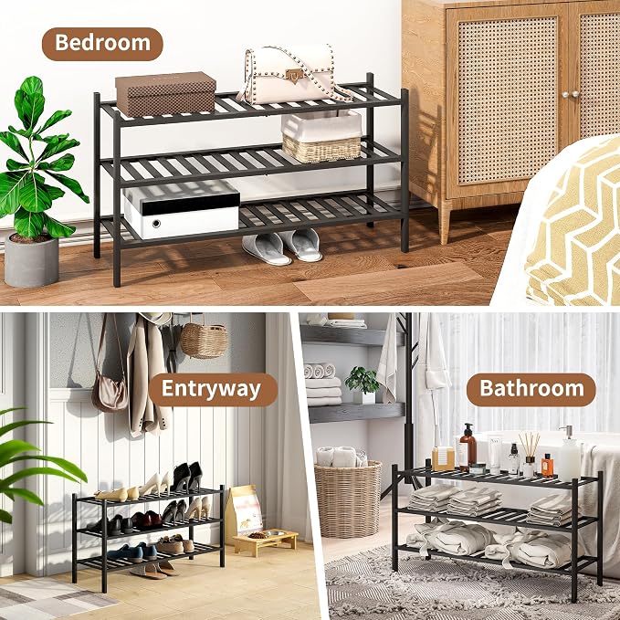 Bamboo Shoe Rack Stackable Shoe Shelf Storage Organizer for Unit Entryway Hallway and Closet Sturdy Freestanding Shoe Shelf(3L Tier Black)