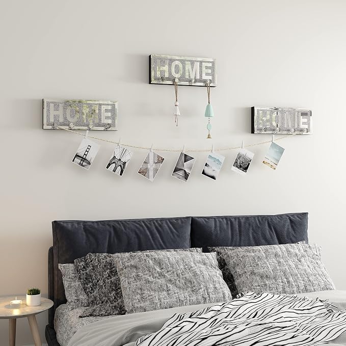 SHYFOY Crystal Clear Hooks Key Holder Key Hanger, Sparkly Mirrored Home Letters Plaque Sign for Decor, Silver Mirror Decoration Wall Art, Wall Mounted Home Decor