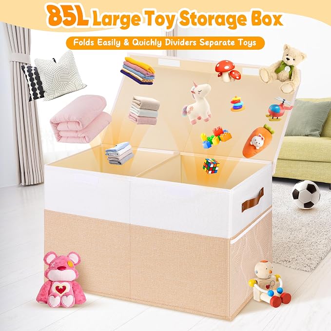 Mabahoo Large Toy Box, Collapsible Sturdy Storage Chest With Lids, Kids Toy Chest Storage Organizer Toddler Bin Boxes for Living Room, Bedroom, Nursery, 25"x13"x16", Beige & White