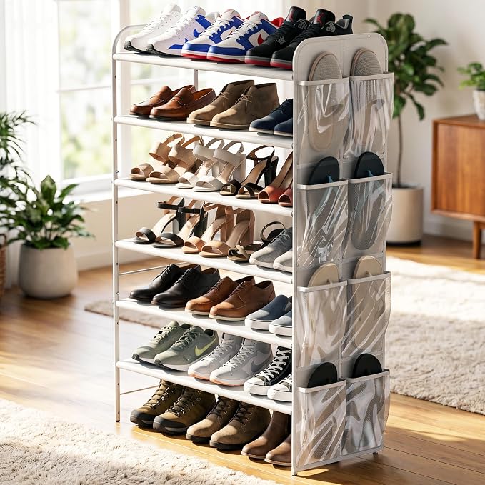 Simple Houseware 6-Tier Shoe Rack Storage Organizer w/Side Hanging Bag, White