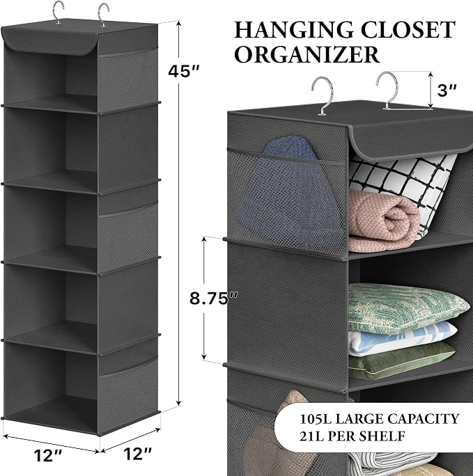 Simple Houseware 5 Shelf Hanging Closet Organizer, Dark Gray
