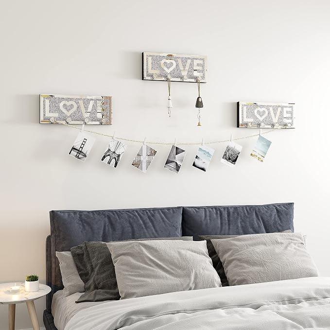 SHYFOY Mirrored Key Holder for Wall Decorative Love Letter Sign Plaque Key Hanger for Decor, Glitter Key Rack Wall Hanger with 4 Crystal Hooks for Entryway Front Door Key Hanging