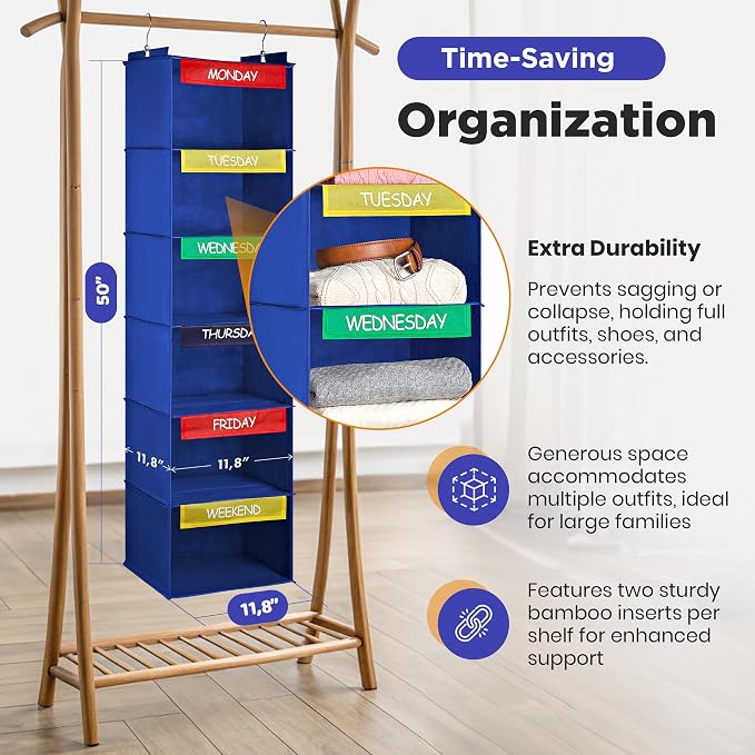 Handy Laundry Hanging Clothes Organizer for Kids - 6-Shelf Closet Daily Clothing Organization Labeled Shelves with Days of The Week Monday Through Friday, Weekday and Weekend (Blue)