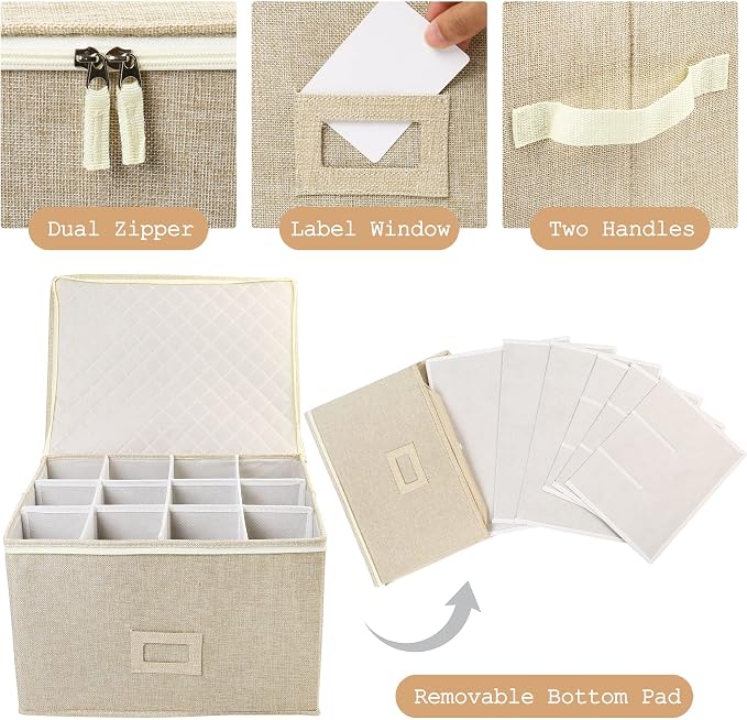 LotFancy Stemware Storage Container for Moving, Hard Shell, Stackable Wine Glass Storage Box with Dividers & Handles, Crystal Glassware, Champagne Flute, Drinkware Case, Beige