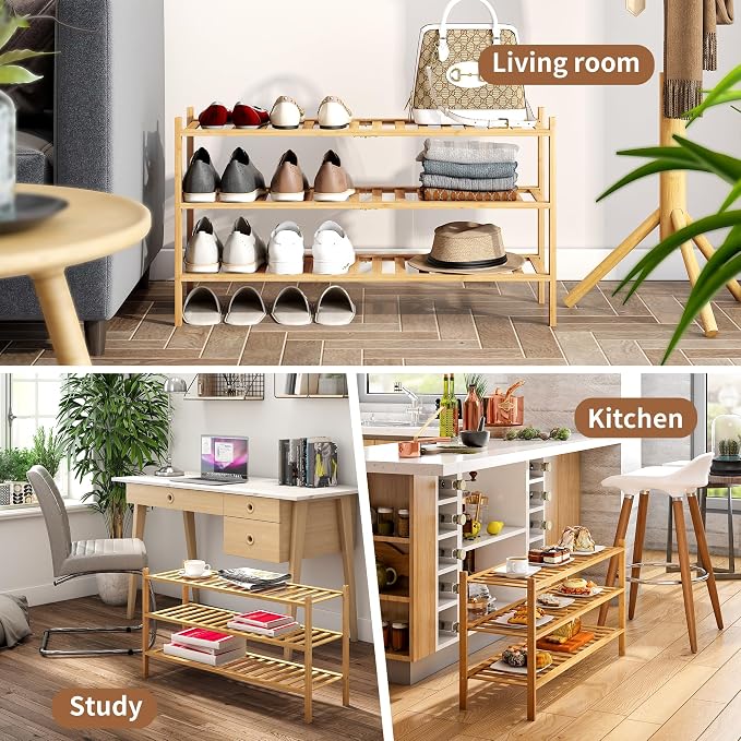 Bamboo Shoe Rack Stackable Shoe Shelf Storage Organizer for Unit Entryway Hallway and Closet Sturdy Freestanding Shoe Shelf(3L Tier Natural)