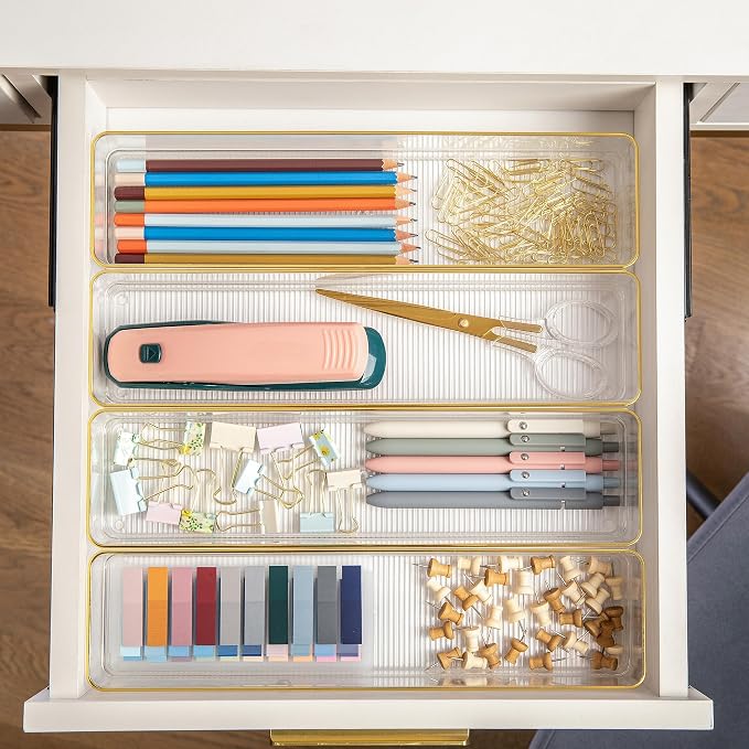 Martha Stewart Kerry Plastic Stackable Office Desk Drawer Organizers, 9" x 3", 8 Pack, with Gold Trim