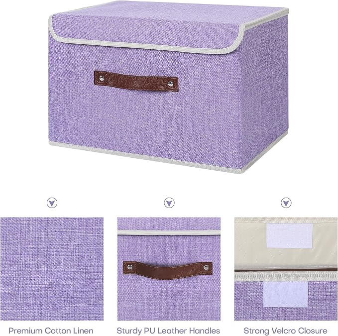 ANMINY 2PCS Storage Bin with Lid Storage Boxes with PU Leather Handles PP Plastic Board Decorative Foldable Lidded Cotton Linen Fabric Home Cubes Baskets Closet Organizer Container - Purple, Medium