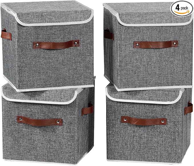 4PCS Storage Cubes with Lid Fabric Storage Bins Boxes PU Leather Handles Cotton Linen Closet Organizer Container Decorative Foldable Washable Shelf Cloth Basket (Flip-top Lid, Gray, 11in)