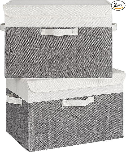 GRANNY SAYS Large Storage Bins with Lids, Collapsible Storage Box, Storage Basket for Shelves, Decorative Storage Bins, Toy Storage, Closet Organizers, White/Gray