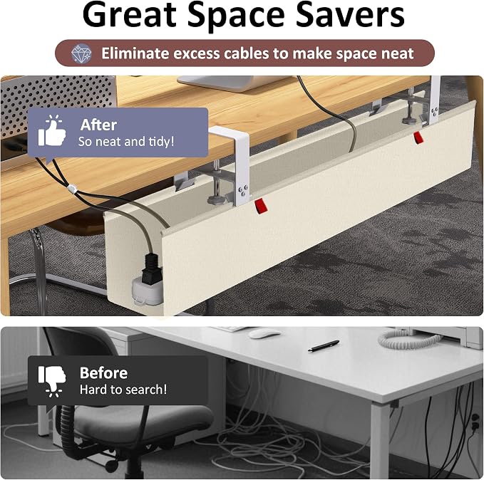 36" Under Desk Cable Management Tray for Home Office, No Drill Cord Organizer for Glass & Wood Table, Anti-Sag Oxford Fabric Wire Management Hider, Fits Surge Protector (Beige, 35.8")