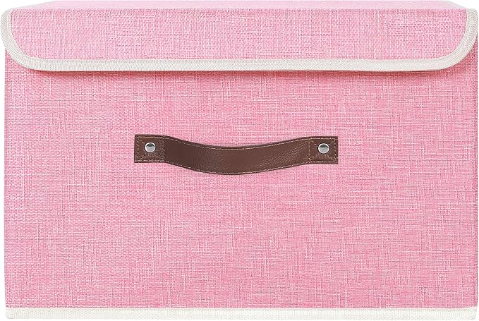 ANMINY Storage Bin with Lid Storage Boxes with PU Leather Handles PP Plastic Board Decorative Foldable Lidded Cotton Linen Fabric Home Cubes Baskets Closet Organizer Container - Pink, Large Size