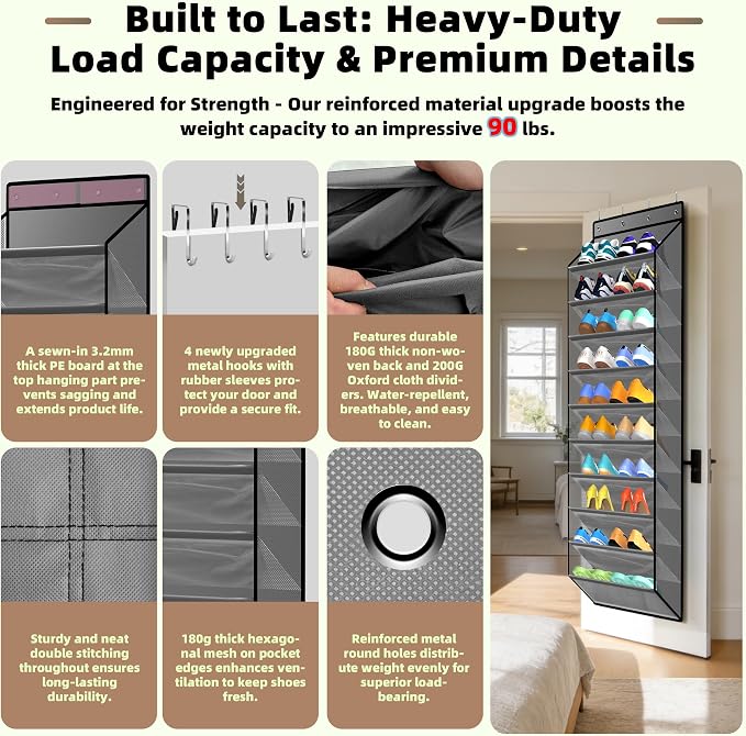 PAULONE 10-Pocket Multi-Use Over the Door Organizer, Heavy Duty 95lbs Capacity with Breathable Mesh, Versatile Hanging Storage for Shoes, Toys, Office Supplies-Classic (Slate Grey, 10-Shelf,)