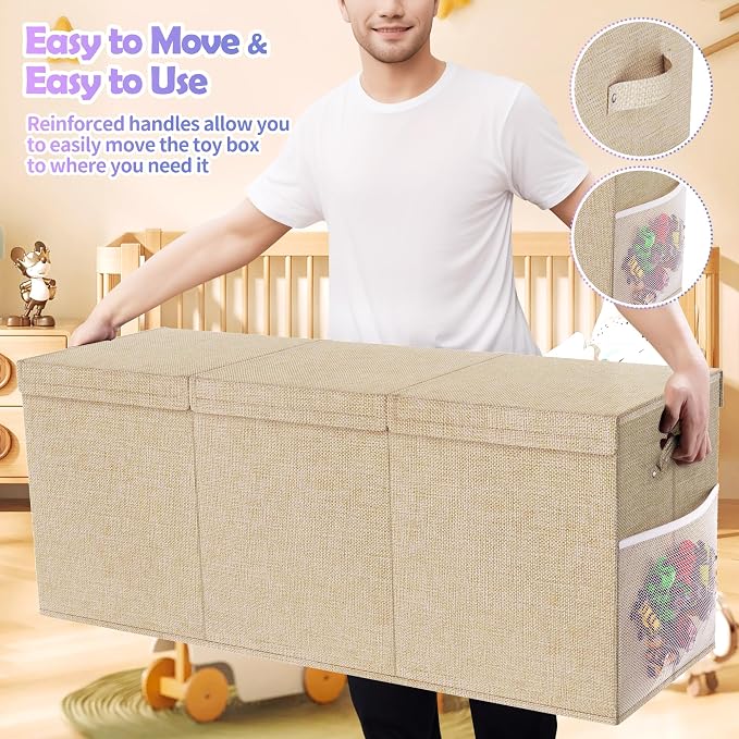 Mabahoo Extra Large Toy Box, Collapsible Sturdy Kids Toy Chest for Boys, Girls, 40"x14"x16" Storage Organizer Toddler Storage Bins with Lids, Toybox Basket for Living Room, Bedroom, Nursery, Beige