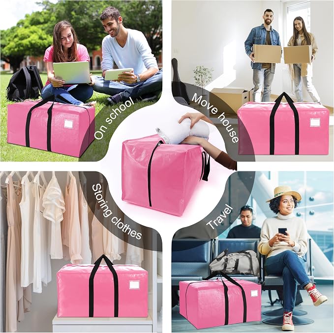 6 Pack Heavy Duty Extra Large Moving Bags W/Backpack Straps - Strong Handles & Zippers, Storage Totes For Space Saving, Fold Flat, Alternative to Box and Bin (40 gal, Pink)