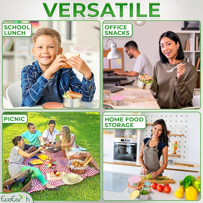 Stainless Steel Food Storage Containers - Metal Set of 5, Snack Size | EcoEarth for 100% plastic-free, airtight, and leakproof with food-safe silicone lids for mess-free travel.