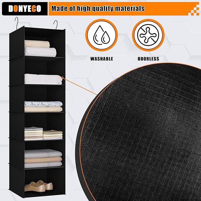 Hanging Closet Organizer 6-Shelf, Oxford Fabric Wardrobe Storage, Black | Easy-mount foldable design holds clothes, handbags, shoes & accessories; washable Oxford fabric, sturdy and space-saving.