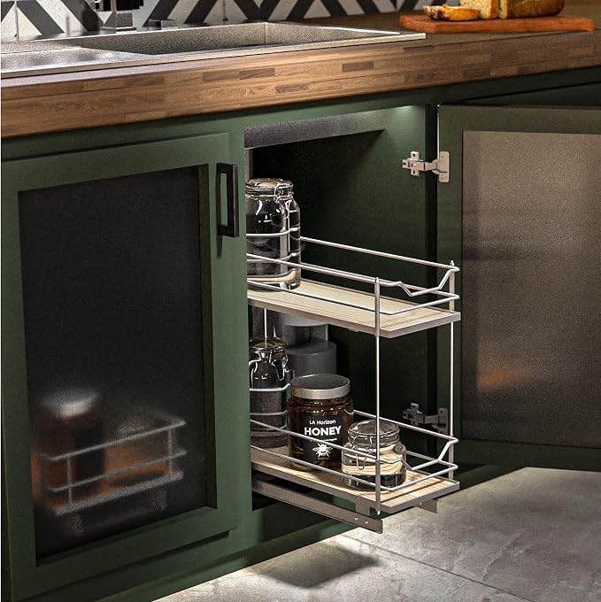 Home Zone Living Pull Out Kitchen Cabinet Organizer with 2 Tiers of Storage for Easy Access, 7.5”W x 20”D, Satin Nickel with Light Brown, Virtuoso Collection