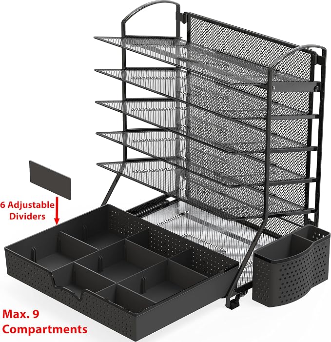Simple Houseware 6-Tier Desk File Organizer w/Drawer & Pen Holder, Black | 5 Tilted Letter Trays for A4 Paper, Mail and Documents