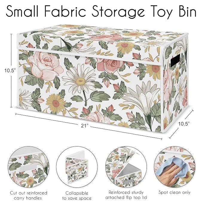 Sweet Jojo Designs Vintage Floral Boho Girl Small Fabric Toy Bin Storage Box Chest for Baby Nursery or Kids Room - Blush Pink, Yellow and Green Shabby Chic Rose Flower Farmhouse