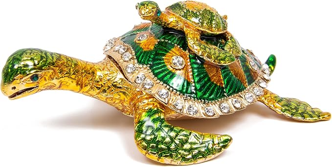 QIFU Hand Painted Sea Turtle Tortoise Decorative Hinged Enamel Trinket Box Unique Gift for Family