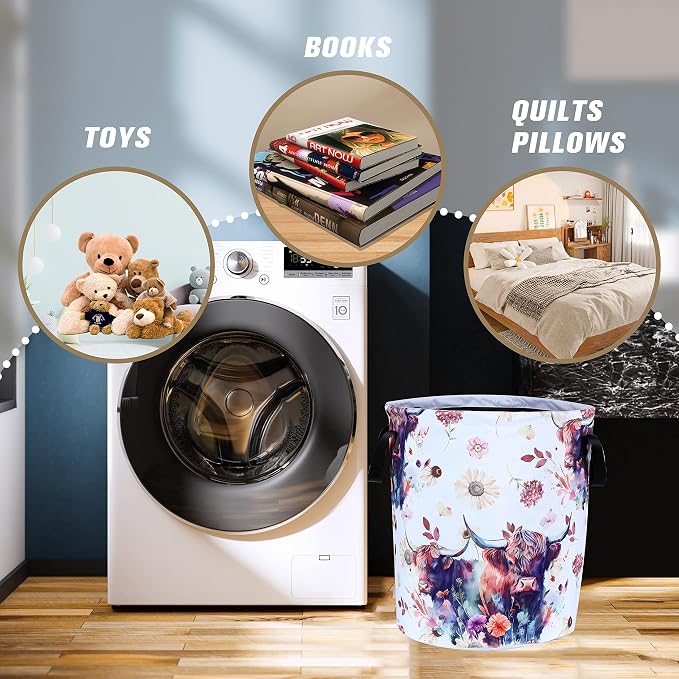 Highland Cow Laundry Basket Cow Animal Foldable Oxford Cloth Funny Tote Bag Laundry Hamper Clothes Storage Bucket Organizer For Bathroom/Laundry Storage/Bedroom 18.9x16.5 Inch