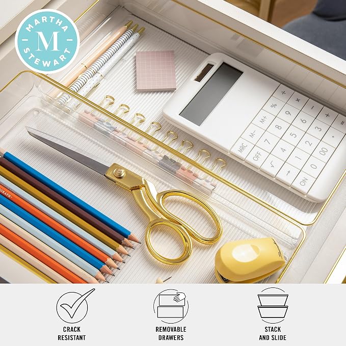 Martha Stewart Kerry Plastic Stackable Office Desk Drawer Organizers, 12" x 6", 3 Pack, with Gold Trim