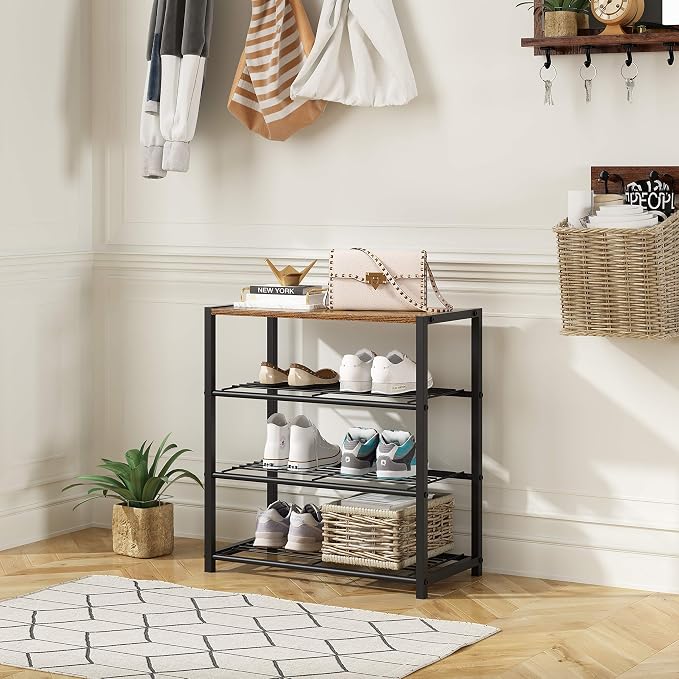 Yusong Shoe Rack Organizer, 4 Tier Industrial Shoe Storage Shelf, Narrow Sturdy Metal Shoe Shelves for Closet Entryway, Rustic Brown
