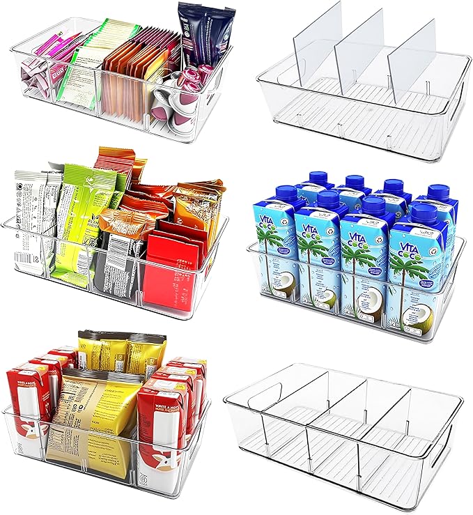 6-Pack Pantry Organizer Bins – Clear Storage Containers for Pantry, Kitchen, Fridge, Cabinet, or Shelf – Perfect for Snacks, Food, Drinks & Multi Purpose