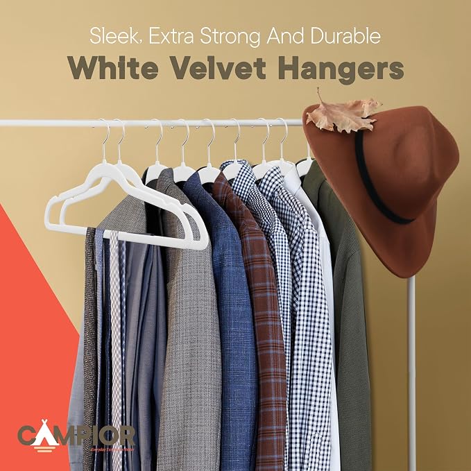 White Velvet Hangers 150 Pack – 360° Swivel Hook, Non-Slip and Space Saving Hangers, Heavy-Duty 11 lbs Weight Capacity - Smooth Velvet Finish for Crease-Free Clothes and Effortless Closet Organization