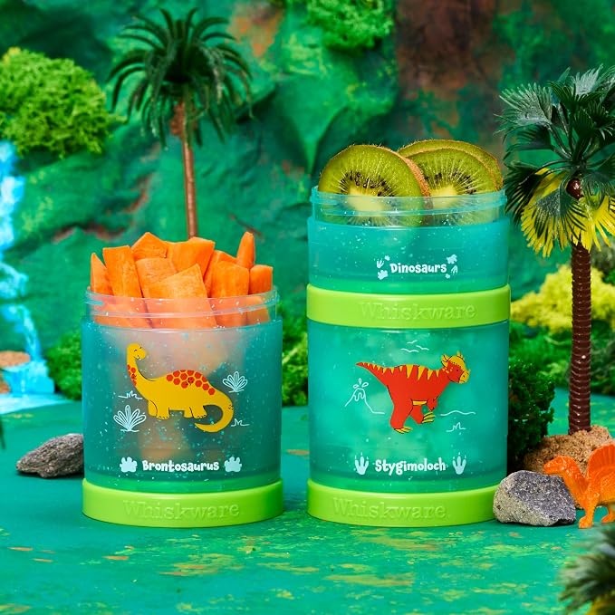 Whiskware Dinosaur Stackable Snack Containers for Kids and Toddlers, 3 Stackable Snack Cups for School and Travel, Green/Blue