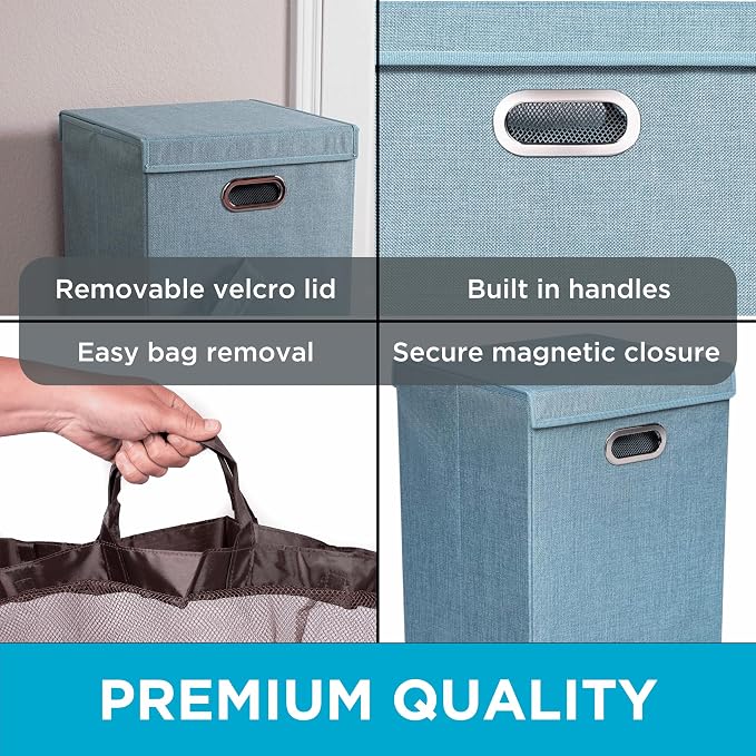 BIRDROCK HOME Laundry Hamper with Lid | Removable Bags for Sorting Clothes | Sectioned Laundry Basket for Bedroom & Bathroom | Collapsible Storage Bin with Cover | Single, Light Blue