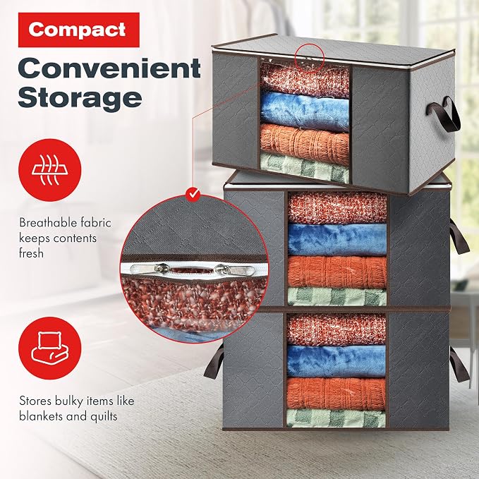Storage Bags For Clothes - 6-Pack Collapsible Organizers for Blankets, Bedding & Clothes - Large 90L Zip Bags with Handles - Clear Durable Containers for Closet Organization (Grey)