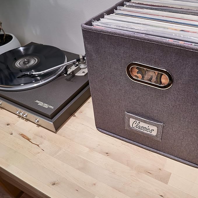 ZICOTO Decorative Vinyl Record Storage Box for 50+ Single Records - Sturdy and Easy to Carry LP Holder with Lid - The Perfect Storage Crate for Your Valuable Album Collection