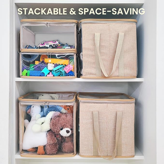 holay 2 Pack Foldable PVC Storage Bins with Transparent Lid & Handles, Large 12-Inch Cube Organizer Boxes for Clothes, Toys & Books (Brown, Large)