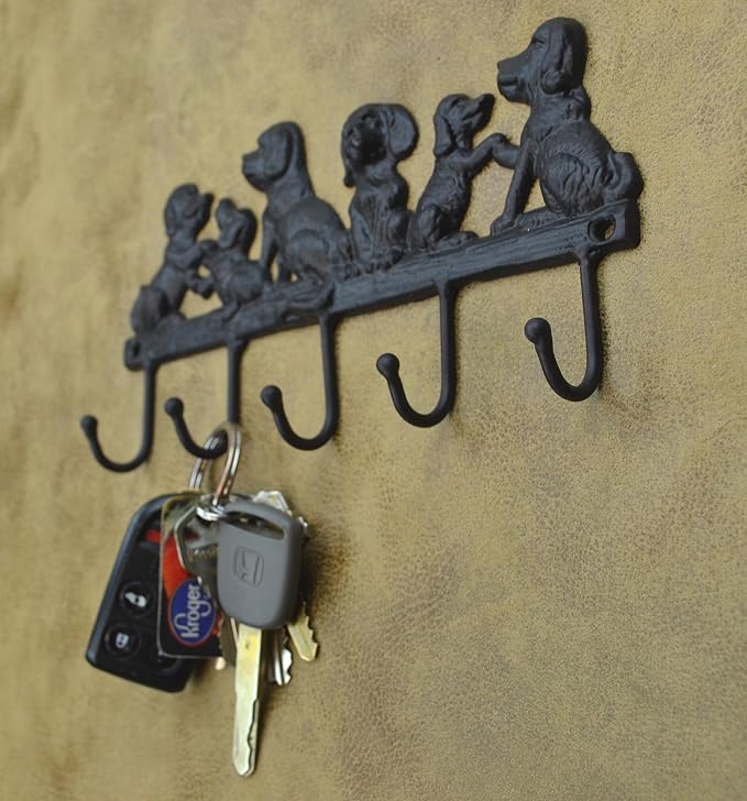 Lulu Decor Cast Iron 5 Dog Key Hooks, Ideal for Dog Lovers Heavy Duty Hooks, Decorative Hooks - Wall Mount Leash Holder for Wall Storage - Stylish Key Holder (Antique Black)