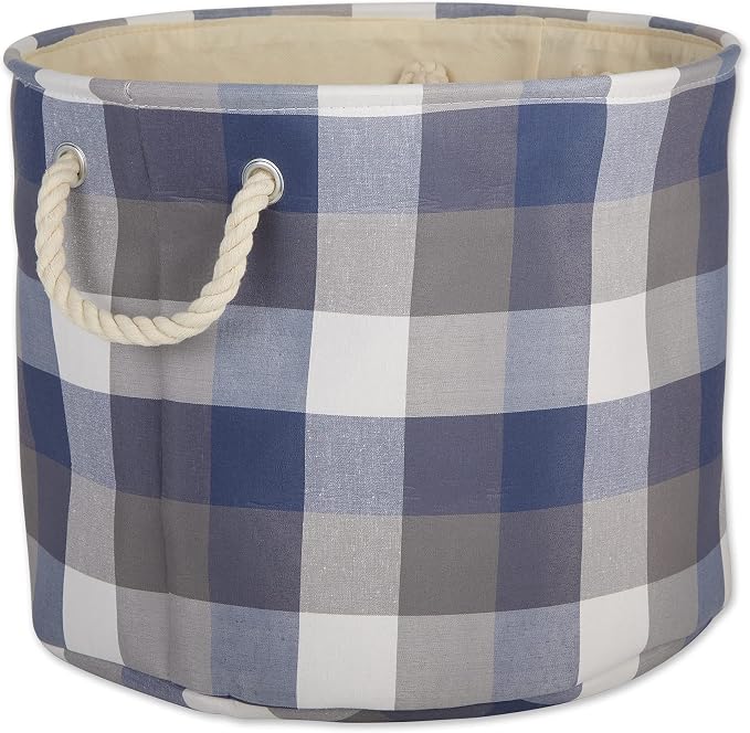 DII Buffalo Check Storage Collection Collapsible Bin with Handles, Large Round, 16x16x15, Tri Color French Blue