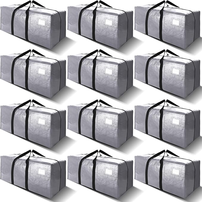 VELVETSURE 12 Pack Heavy Duty Extra Large Moving Bags W/Backpack Straps - Strong Handles & Zippers, Storage Totes For Space Saving, Fold Flat, Alternative to Moving Box and Storage Bin, Silver