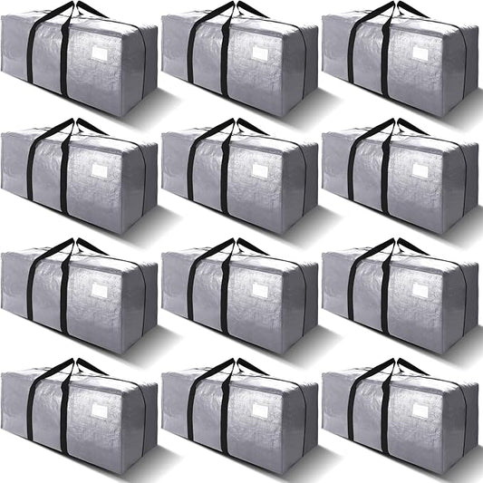 VELVETSURE 12 Pack Heavy Duty Extra Large Moving Bags W/Backpack Straps - Strong Handles & Zippers, Storage Totes For Space Saving, Fold Flat, Alternative to Moving Box and Storage Bin, Silver