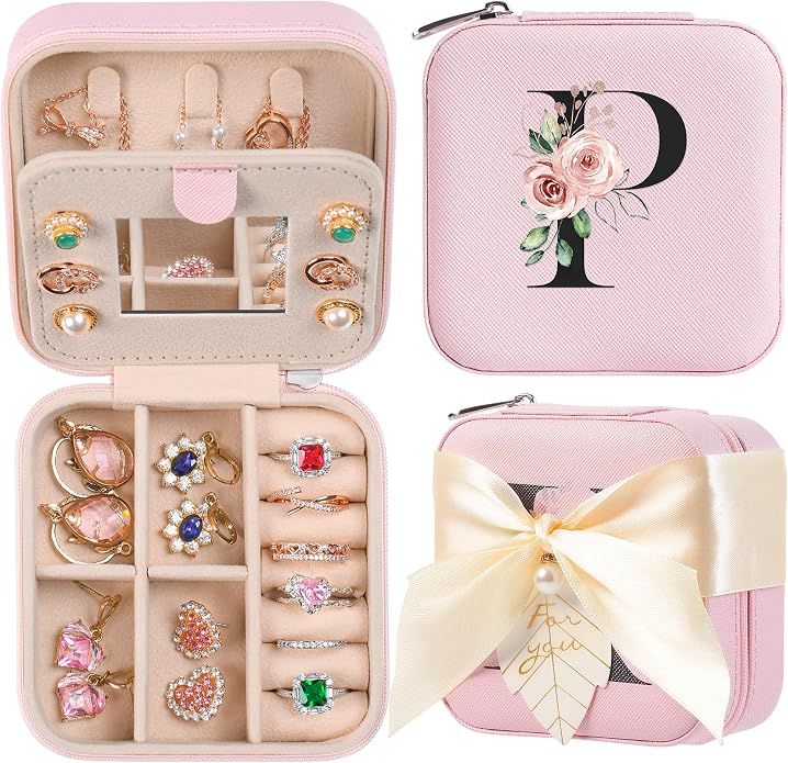 AYGXU Travel Jewelry Box for Women and Girls - Small Case With Initial A-Z - Teacher Gifts
