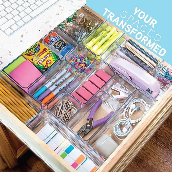 primebox Plastic Clear Acrylic Drawer Organizers. Bathroom, Kitchen, Bedroom, Utensils, Office Organizer Bins, Storage Trays. Heavy Duty, Stackable. 15" x 6" x 2" Set of 6